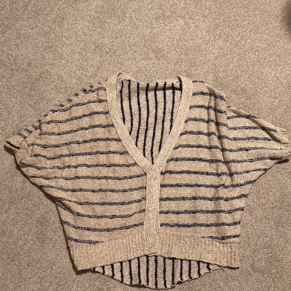 Free People Beige and Black Striped V-Neck Sweater